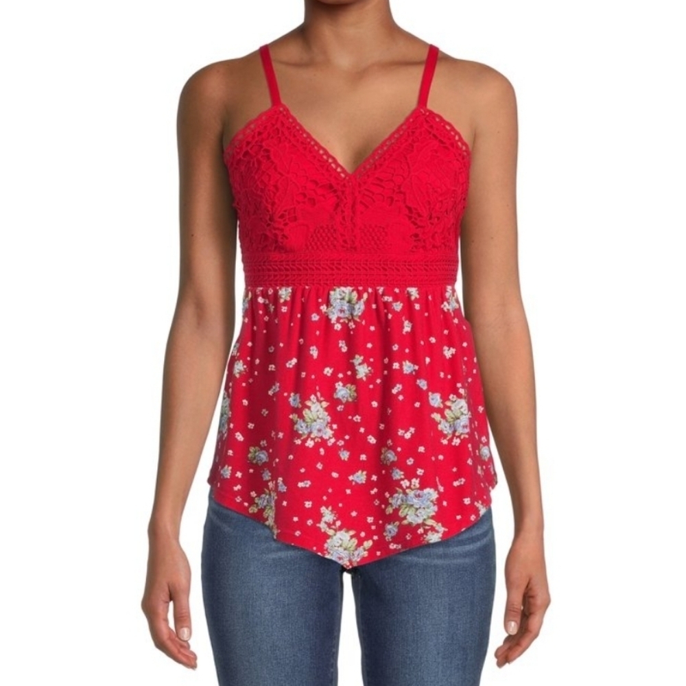 No Boundaries SM Red Lace Floral Babydoll Top
